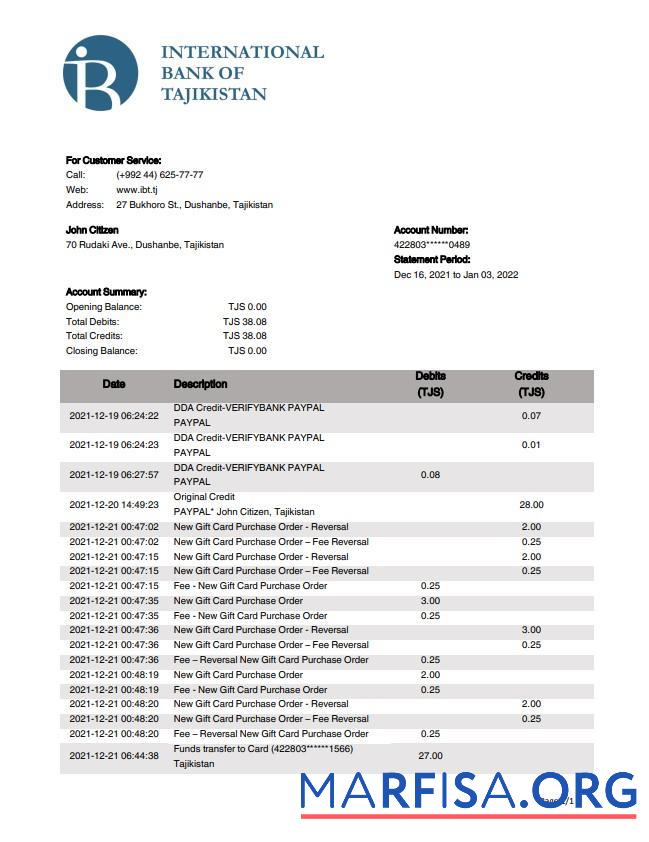 Downloadable Tajikistan ITB bank statement word template